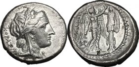Sicily. Syracuse. Agathokles, 3rd period (c. 304-289 BC). AR Tetradrachm. D/ ΚΟΡΑΣ. Head of Kore right, wearing grain ear wreath, single-pendant earri...