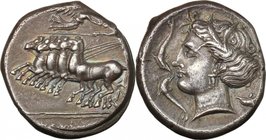 Punic Sicily. Lilybaeum (as Cape of Melqart). AR Tetradrachm, c. 330-305 BC. D/ Charioteer holding kentron in right hand, reins in left, driving fast ...