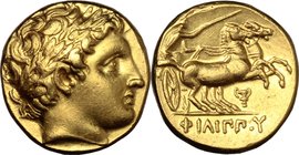 Continental Greece. Kings of Macedon. Philip II (359-336 BC). AV Stater, Pella mint. Struck under Philip III, c. 323-315 BC. D/ Laureate head of Apoll...