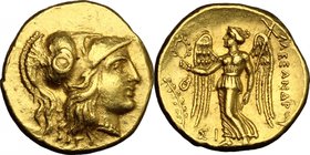 Continental Greece. Kings of Macedon. Alexander III "the Great" (336-323 B.C.). AV Stater, Sidon mint, struck under Menes. D/ Head of Athena right, we...