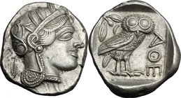 Continental Greece. Attica, Athens. AR Tetradrachm, c. 454-404 BC. D/ Helmeted head of Athena right, with frontal eye. R/ AΘE. Owl standing right, hea...
