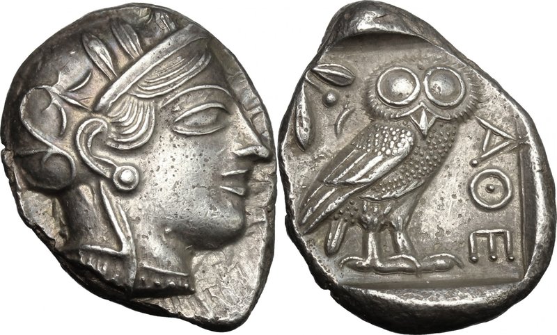 Continental Greece. Attica, Athens. AR Tetradrachm, c. 454-404 BC. D/ Helmeted h...