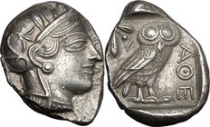 Continental Greece. Attica, Athens. AR Tetradrachm, c. 454-404 BC. D/ Helmeted head of Athena right, with frontal eye. R/ AΘE. Owl standing right, hea...