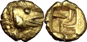 Greek Asia. Mysia, Kyzikos. EL 1/24 Stater, c. 600-550 BC. D/ Head of tunny right; two pellets to left. R/ Quadripartite incuse square. Hurter&Liewald...