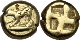 Greek Asia. Mysia, Kyzikos. EL Hekte-Sixth Starter, c. 500-450 BC. D/ Dog standing left, forepart raised; tunny fish below. R/ Quadripartire incuse sq...