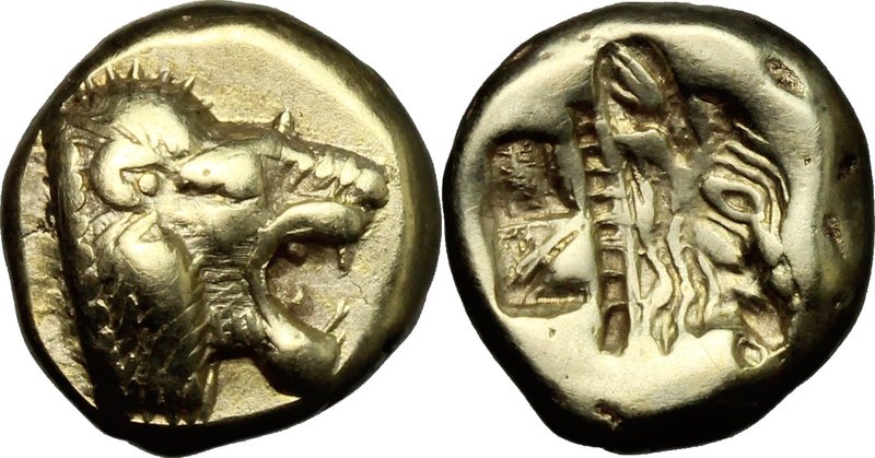 Greek Asia. Lesbos, Mytilene. EL Hekte, c. 521-478 BC. D/ Head of a roaring lion...