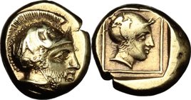 Greek Asia. Lesbos, Mytilene. EL Hekte, 412-378 BC. D/ Helmeted head of Ares right. R/ Helmeted head of Amazon right in linear border within incuse sq...