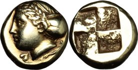 Greek Asia. Ionia, Phokaia. EL Hekte, c. 387-326 BC. D/ Laureate head of female left, with hair in sakkos; below, ivy leaf and small inverted seal rig...