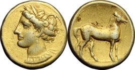 Africa. Zeugitania, Carthage. EL Stater, c. 290-270 BC. D/ Head of Tanit left, wearing wreath of grain, triple-pendant earring and necklace with nine ...