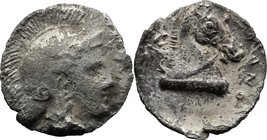Anonymous. AR Obol, 320-300 BC, Neapolis mint. D/ Head of Athena right, wearing Attic helmet. R/ Head of horse right; behind, star; before, ROMANO dow...