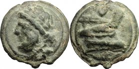 Janus/Prow to right libral series. AE Cast Semis, c. 225-217 BC. D/ Laureate head of Saturn left; below, mark of value, S. R/ Prow right; above, mark ...