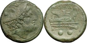Semilibral series. AE Sextans, 217-215 BC. D/ Head of Mercury right; above, two pellets. R/ ROMA. Prow right; below, two pellets. Cr. 38/5. AE. g. 25....