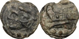 Post-semilibral series. AE Cast Quadrans, c. 215-212 BC. D/ Head of Hercules left, wearing lion skin; below, three pellets. R/ Prow left; below, three...