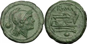 Sextantal series. AE Uncia, after 211 BC. D/ Head of Roma right, wearing Attic helmet; behind, pellet. R/ ROMA. Prow right; below, pellet. Cr. 56/7. A...