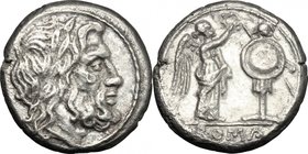 Anonymous. AR Victoriatus, c. 211-208 BC, Sicily. D/ Laureate head of Jupiter right. R/ Victory standing right, crowning trophy; in exergue, ROMA. Cr....