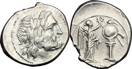 Anonymous. AR Victoriatus, c. 211-211 BC, Sicily. D/ Laureate head of Jupiter right. R/ Victory standing right, crowning trophy; in exergue, ROMA. Cr....