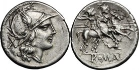 Dolphin (first) series. AR (Fourrée?) Denarius, c. 209-208 BC. D/ Helmeted head of Roma right; behind, X. R/ The Dioscuri galloping right; below, dolp...