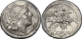 H series. AR Denarius, c. 211-210 BC, South East Italy. D/ Helmeted head of Roma right; behind, X. R/ The Dioscuri galloping right; below, H; in exerg...