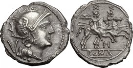 H series. AR Quinarius, c. 211-210 BC, South East Italy. D/ Helmeted head of Roma right; behind, V. R/ The Dioscuri galloping right; below, H; in exer...