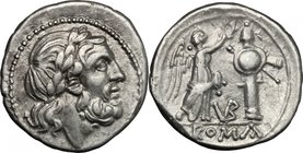 VB series. AR Victoriatus, 211-208 BC. D/ Laureate head of Jupiter right. R/ Victory standing right, crowning trophy; between, VB ligate; in exergue, ...