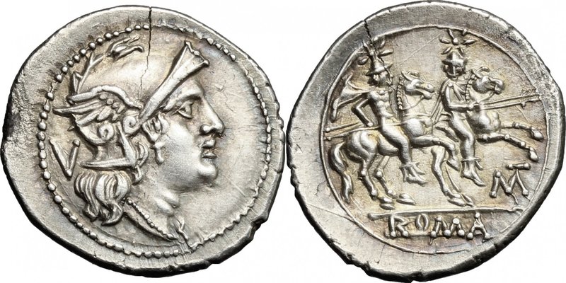 MT series. AR Quinarius, 211-210 BC, Apulia (?). D/ Helmeted head of Roma right,...