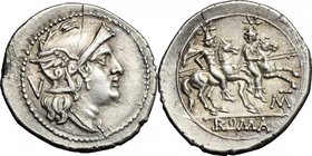 MT series. AR Quinarius, 211-210 BC, Apulia (?). D/ Helmeted head of Roma right, curl on left shoulder; behind, V. R/ The Dioscuri galloping right; be...