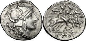 MA series. AR Denarius, c. 199-170 BC, uncertain mint. D/ Helmeted head of Roma right; behind, X. R/ The Dioscuri galloping right; below, ΛA and ROMA ...