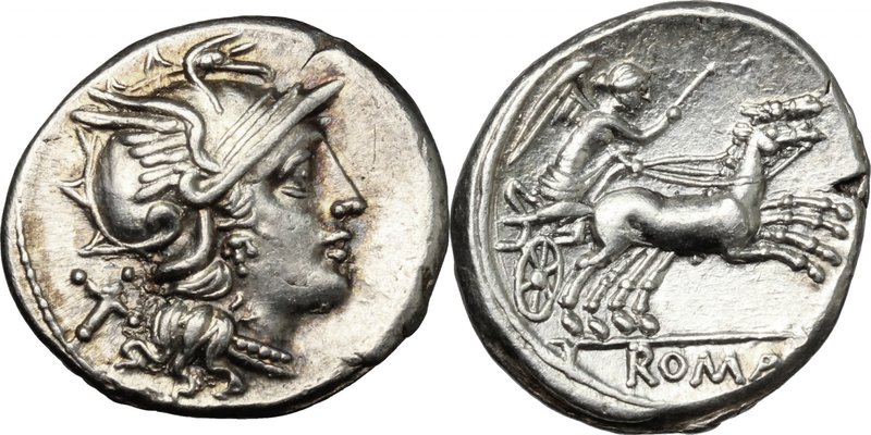 Anonymous. AR Denarius, circa 157-156 BC. D/ Helmeted head of Roma right; behind...
