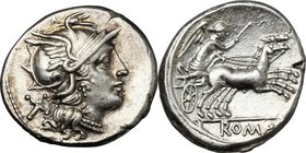 Anonymous. AR Denarius, circa 157-156 BC. D/ Helmeted head of Roma right; behind, X. R/ Victory in biga right; holding reins in left hand and goad in ...