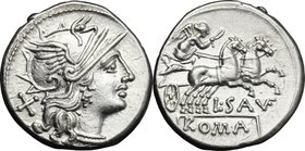 L. Saufeius. AR Denarius, 152 BC. D/ Helmeted head of Roma right, X behind. R/ Victory in biga right, L. SAVF below horses, ROMA in exergue. Cr. 204/1...