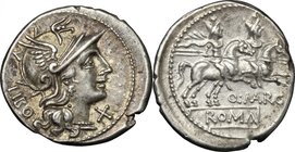 Q. Marcius Libo. AR Denarius, 148 BC. D/ Helmeted head of Roma right; behind, LIBO; before, X. R/ The Dioscuri galloping right; below, Q. MARC; in exe...