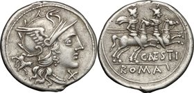 C. Antestius. AR Denarius, 146 BC. D/ Helmeted head of Roma right; behind, dog walking downwards; below chin, X. R/ The Dioscuri galloping right; belo...