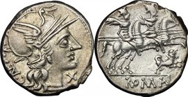 C. Antestius. AR Denarius, 146 BC. D/ Helmeted head of Roma right; behind, C. ANTESTI; before, X. R/ The Dioscuri galloping right; below, dog running ...