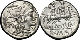 M. Junius Silanus. AR Denarius, 145 BC. D/ Helmeted head of Roma right; below chin, X; behind, ass's head. R/ The Dioscuri galloping right; below hors...
