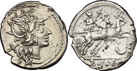 Anonymous. AR Denarius, 143 BC. D/ Helmeted head of Roma right; behind, X. R/ Diana in biga of stags right; below, crescent; in exergue, ROMA. Cr. 222...