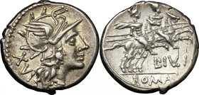 L. Julius. AR Denarius, 141 BC. D/ Helmeted head of Roma right; behind, XVI. R/ The Dioscuri galloping right; below horses, L. IVLI; in exergue, ROMA....