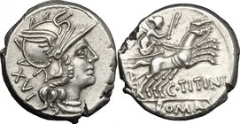 C. Titinius. AR Denarius, 141 BC. D/ Helmeted head of Roma right; behind, XVI. R/ Victory in biga right, holding whip and reins; below, C.TITINI; in e...