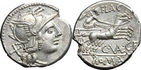 C. Valerius C.f. Flaccus. AR Denarius, 140 BC. D/ Helmeted head of Roma right, X behind. R/ Victory in biga right, FLAC above, C. VAL. C. F. below hor...