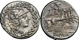 Cn. Gellius. AR Denarius, 138 BC. D/ Helmeted head of Roma right, X behind, all within laurel-wreath. R/ Mars and Nerio in quadriga right; below horse...