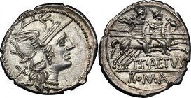P. Aelius Paetus. AR Denarius, 138 BC. D/ Helmeted head of Roma right; behind, X. R/ The Dioscuri galloping right; below, P. PAETVS; in exergue, ROMA....