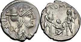 Ti. Veturius. AR Denarius, 137 BC. D/ Draped bust of Mars right, X and TI. VET behind. R/ Sacerdos fecialis kneeling left, between two warriors who to...