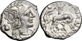 Sex. Pompeius Fostlus. AR Denarius, 137 BC. D/ Helmeted head of Roma right; below chin, X; behind, jug. R/ SEX. POM [FOSTLVS]. She-wolf suckling twins...