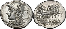 M. Baebius Q. f. Tampilus. AR Denarius, 137 BC. D/ Helmeted head of Roma left, wearing necklace of pendants; below chin, X; behind, TAMPIL. R/ Apollo ...