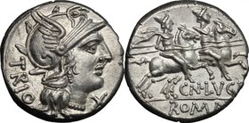 Cn. Lucretius Trio. AR Denarius, 136 BC. D/ Helmeted head of Roma right; behind, TRIO; below chin, X. R/ The Dioscuri galloping right; below, CN. LVCR...