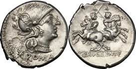 C. Servilius M.f. AR Denarius, 136 BC. D/ Helmeted head of Roma right; behind, wreath; below, X and ROMA. R/ The Dioscuri galloping in opposite direct...