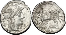 C. Aburius Geminus. AR Denarius, 134 BC. D/ Helmeted head of Roma right; behind, GEM; below chin, X. R/ Mars in quadriga right; below, C. ABVRI; in ex...