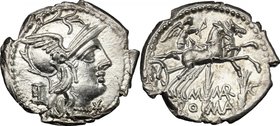 M. Marcius Mn. f. AR Denarius, 134 BC. D/ Helmeted head of Roma right; below chin, X; behind, modius. R/ Victory in biga right; below, M MARC/ROMA div...