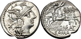 P. Maenius Antiaticus M. f. AR Denarius, 132 BC. D/ Helmeted head of Roma right; behind, X. R/ Victory in quadriga right, holding reins and palm-branc...