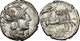M. Aburius M.f. Geminus. AR Denarius, 132 BC. D/ Helmeted head of Roma right; behind, GEM; before, X. R/ Sol in quadriga right, holding reins and whip...