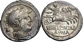 L. Postumius Albinus. AR Denarius, 131 BC. D/ Helmeted head of Roma right; behind, apex; below chin, X. R/ Mars in quadriga right, holding spear, shie...